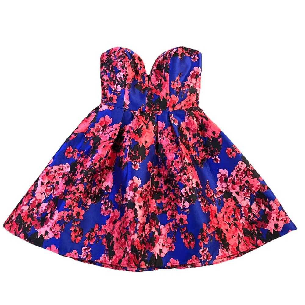 B. Darlin Royal Blue Pink Floral Strapless Mini Dress Homecoming Dance Size 5/6